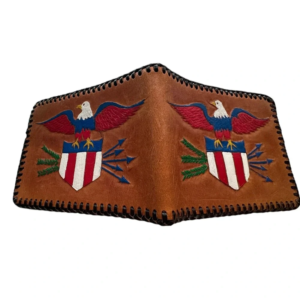 Hand Tooled Leather‎ Bifold Wallet American Eagle Shield Whipstitch Tan Brown